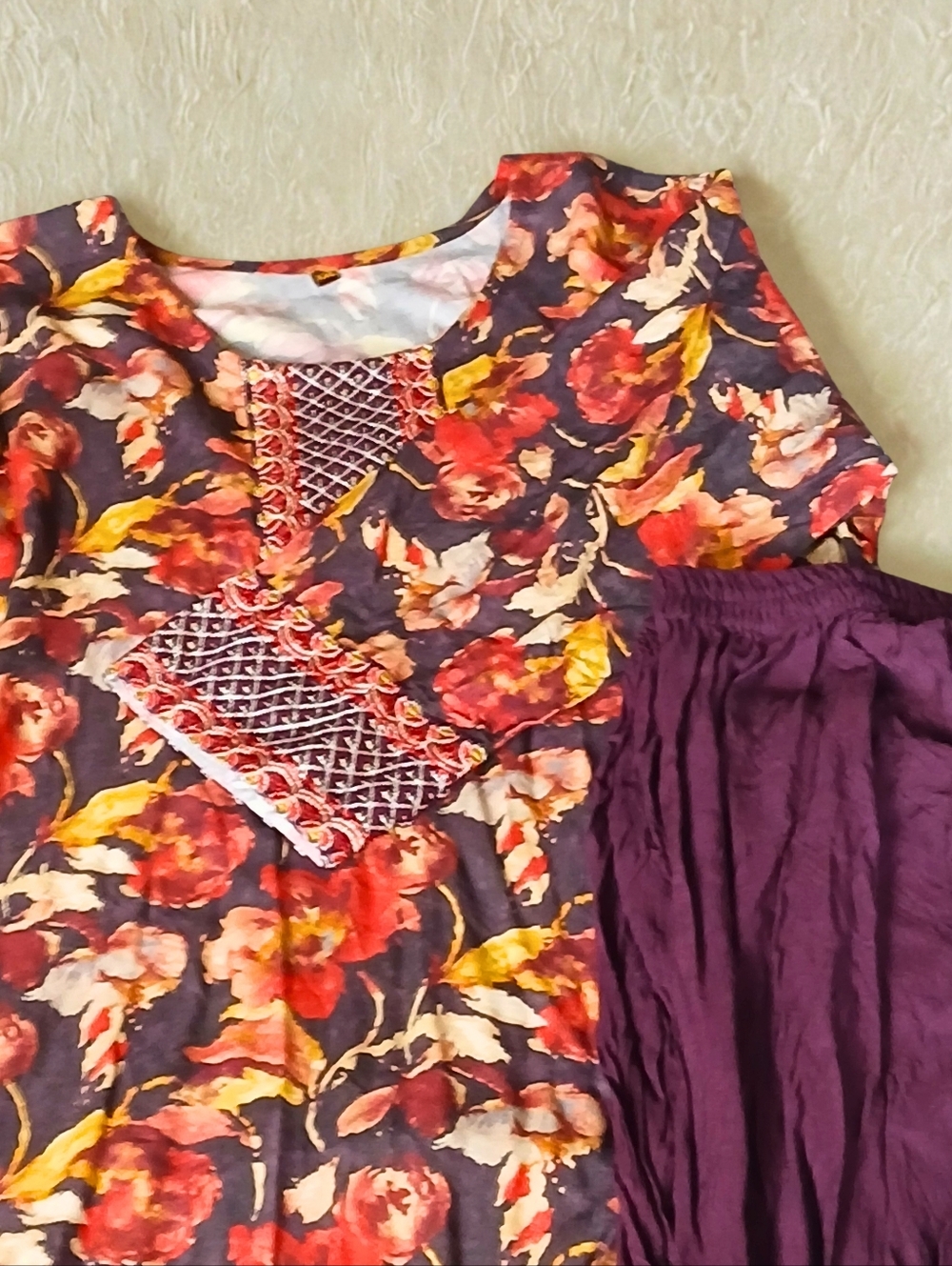 Indian Pakistani Bollywood 3 Piece Outfit in Purple, Red & Yellow - Bust Size
